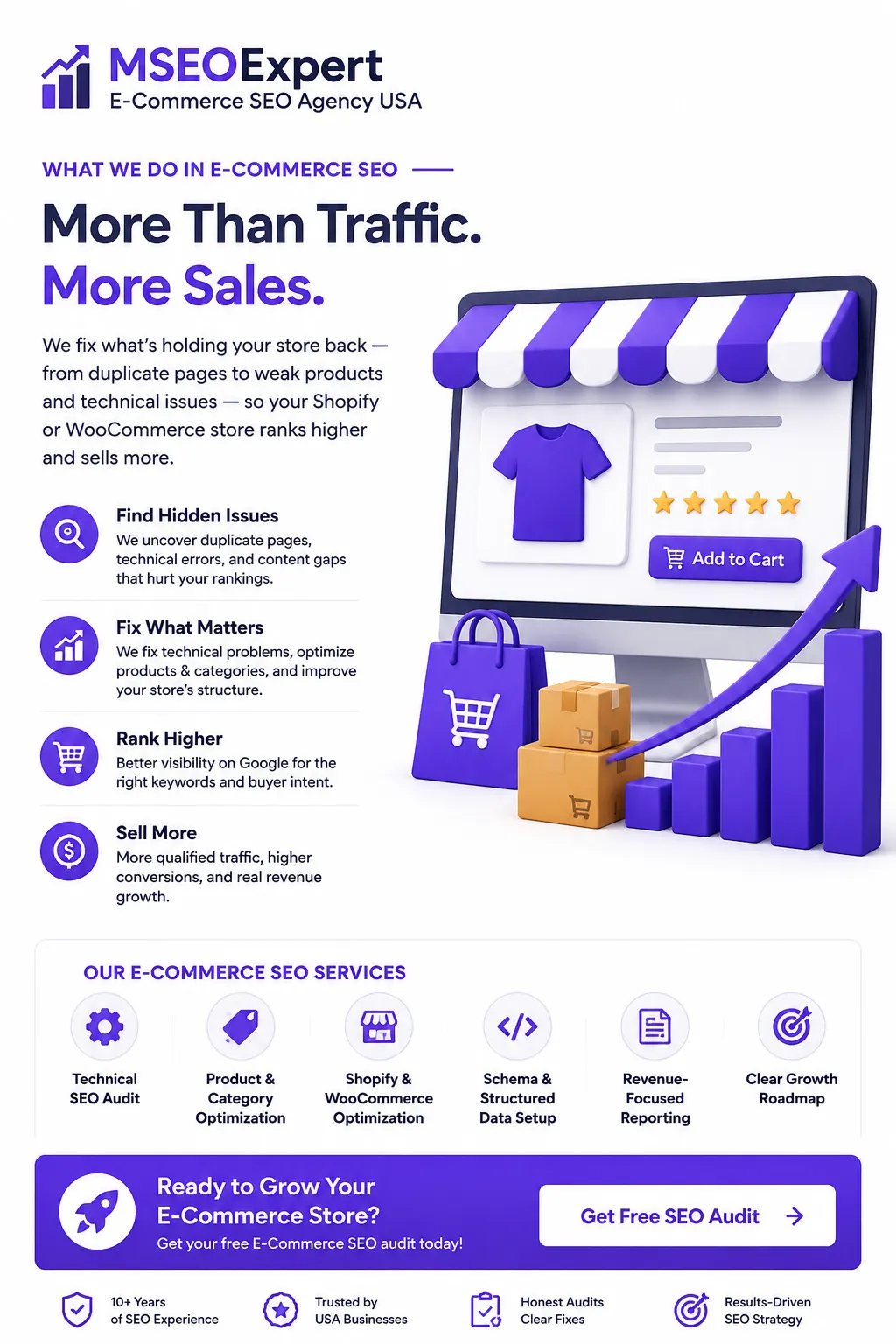 e-commerce SEO audit, WooCommerce SEO agency, Shopify SEO, E-commerce technical audits,