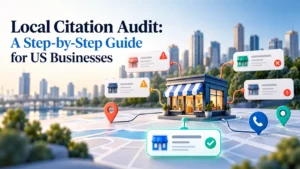 Illustration of a local citation audit checking business listings and map information.