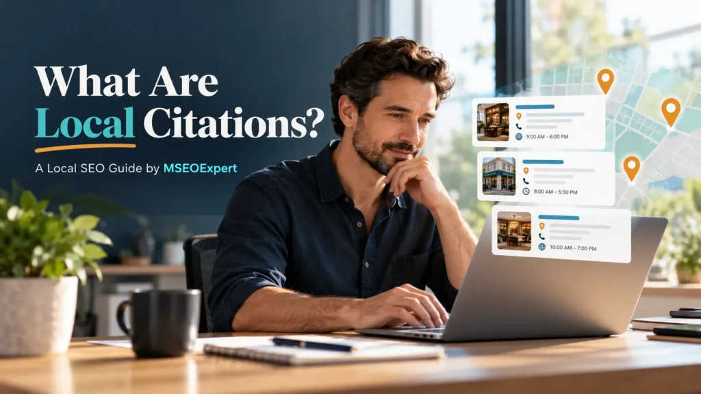 what are local citations, Small business owner reviewing online business listings and local citation information.