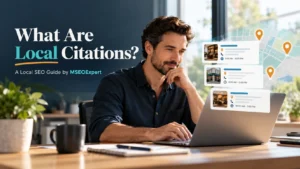 what are local citations, Small business owner reviewing online business listings and local citation information.